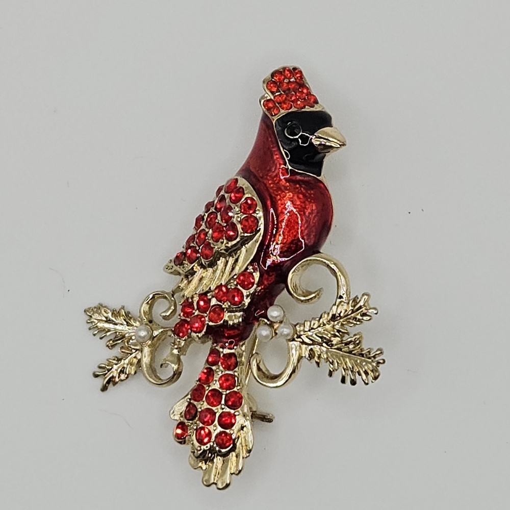 Elegant Vintage Red and Gold Tone Enamel Cardinal Bird Rhinestone Brooch